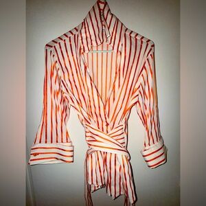 Zara Orange Striped Button Down Wrap Blouse